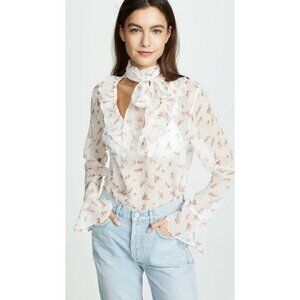 Endless Rose Shirt White Bow Tie Blouse White Pink Floral Print Sheer Sz XS NWT
